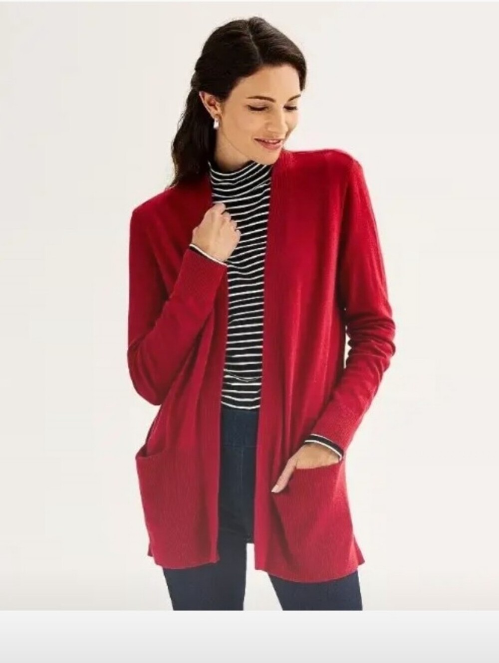 Croft & Barrow Cardigan Sweater Womens Rib Knit Open Front Red Maroon Burgundy L